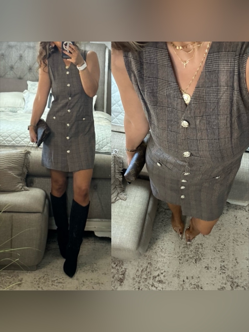 New🤎🖤 Brown Plaid Button Front Tailored Mini Dress Fall Preppy